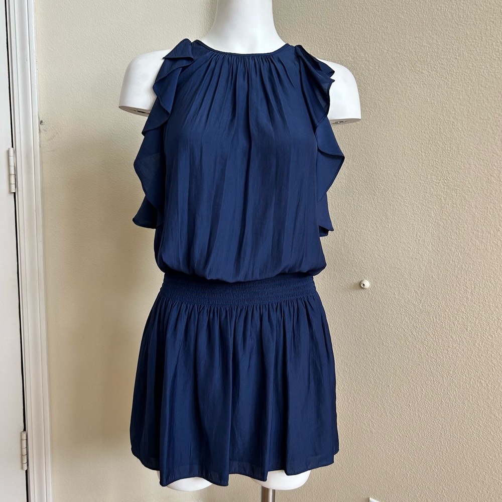 Ramy Brook NWT Navy Blue Rembi Sleeveless Mini Dress Small Elastic Smocked Waist